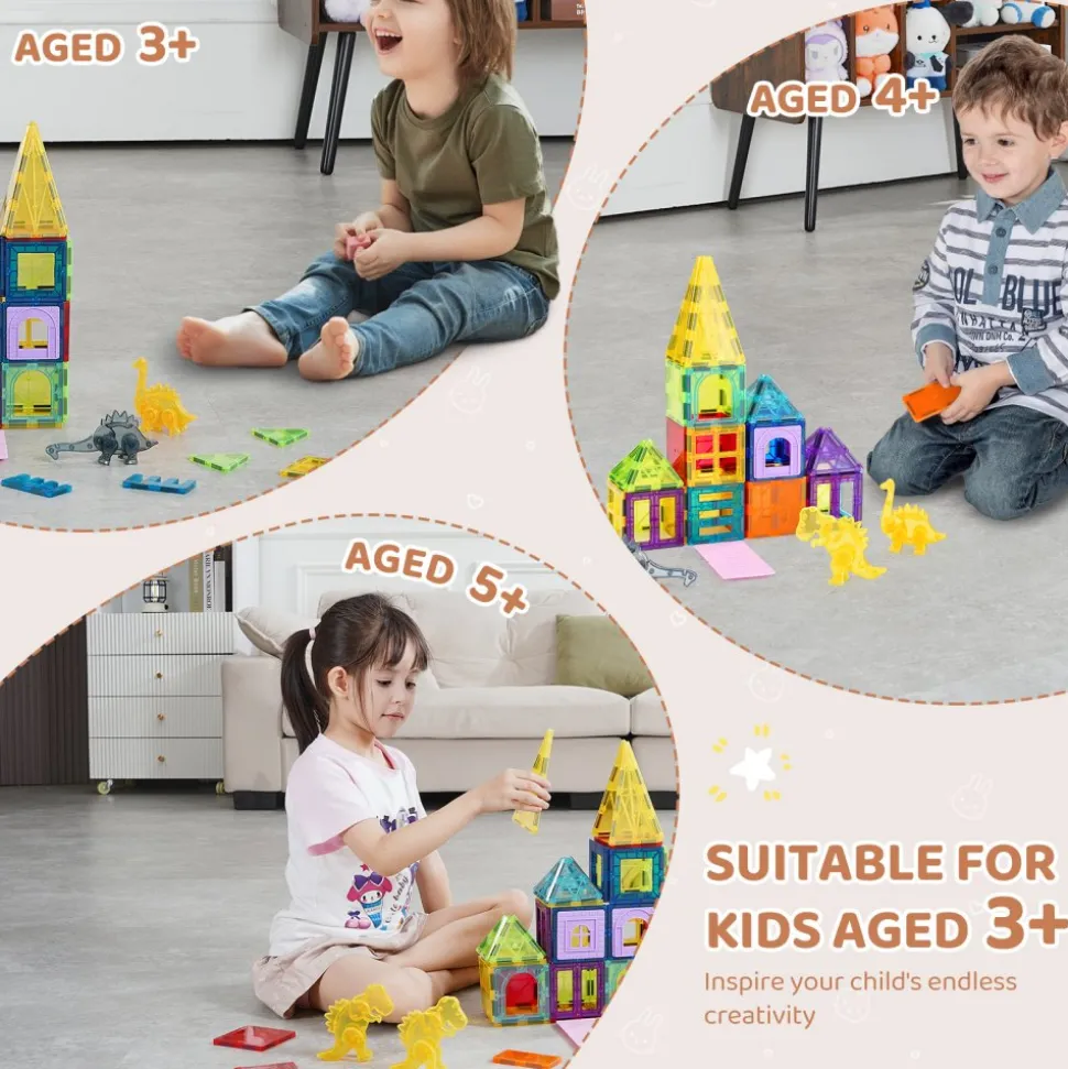 VEVOR Magnetic Tiles, 56 PCS Magnetic Animals Building Blocks for Kids, Magnet Building Set with 4 Dinosaurs, STEM Sensory Educational Construction Stacking Toys Gift for Toddlers Boys Girls Aged 3+