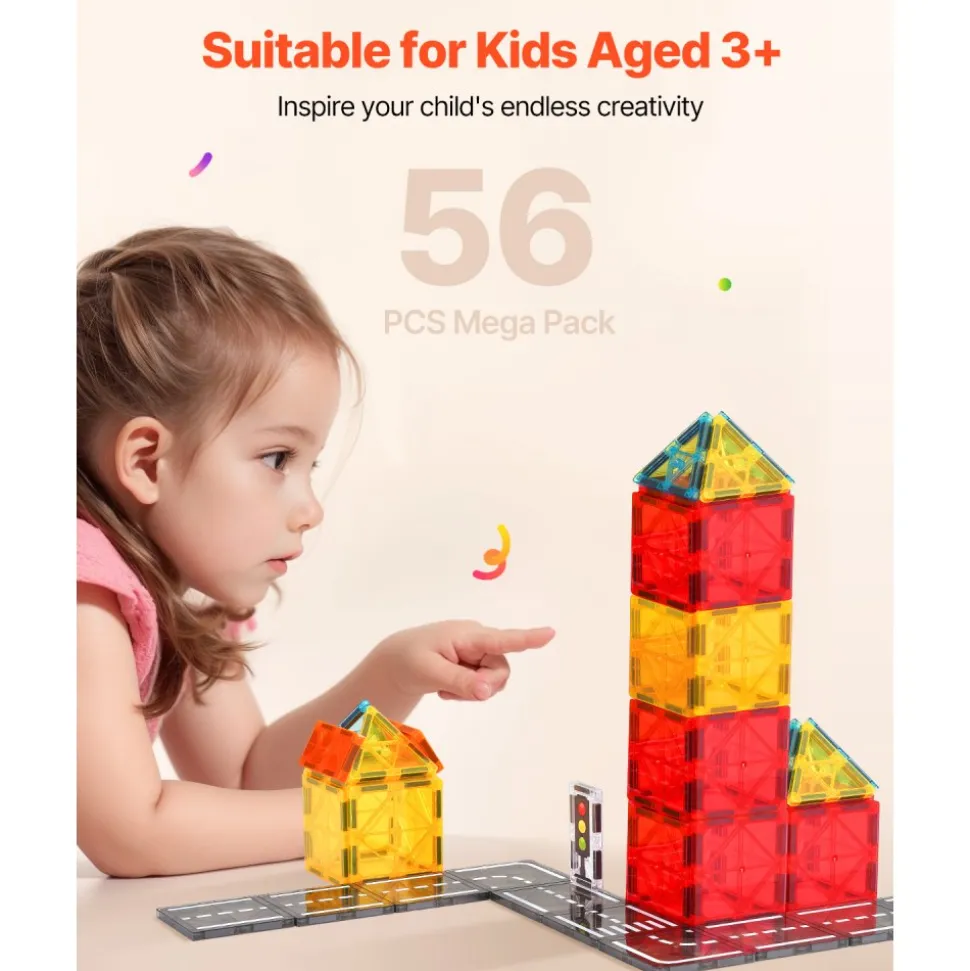 VEVOR Magnetic Tiles, 56 PCS Magnetic Road Building Blocks for Kids, Magnet Building Set with Storage Bag, STEM Sensory Educational City Construction Stacking Toys Gift for Toddlers Boys Girls Aged 3+