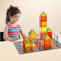 VEVOR Magnetic Tiles, 56 PCS Magnetic Road Building Blocks for Kids, Magnet Building Set with Storage Bag, STEM Sensory Educational City Construction Stacking Toys Gift for Toddlers Boys Girls Aged 3+