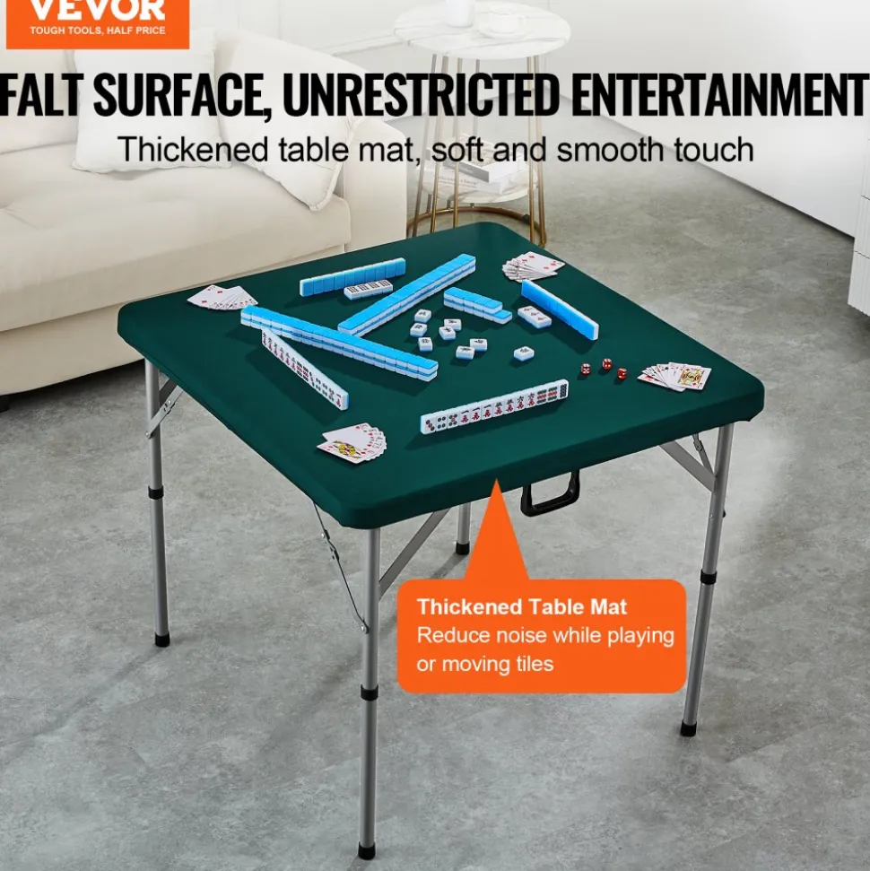 VEVOR Mahjong Table, Fold-in-Half 4 Player Card Table with Wear-Resistant Green Tabletop, Portable Bi-Folding Square Domino Table with Carrying Handle for Outdoor Camping Picnic Party, 34 x 34-inch