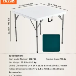 VEVOR Mahjong Table, Fold-in-Half 4 Player Card Table with Wear-Resistant Green Tabletop, Portable Bi-Folding Square Domino Table with Carrying Handle for Outdoor Camping Picnic Party, 34 x 34-inch