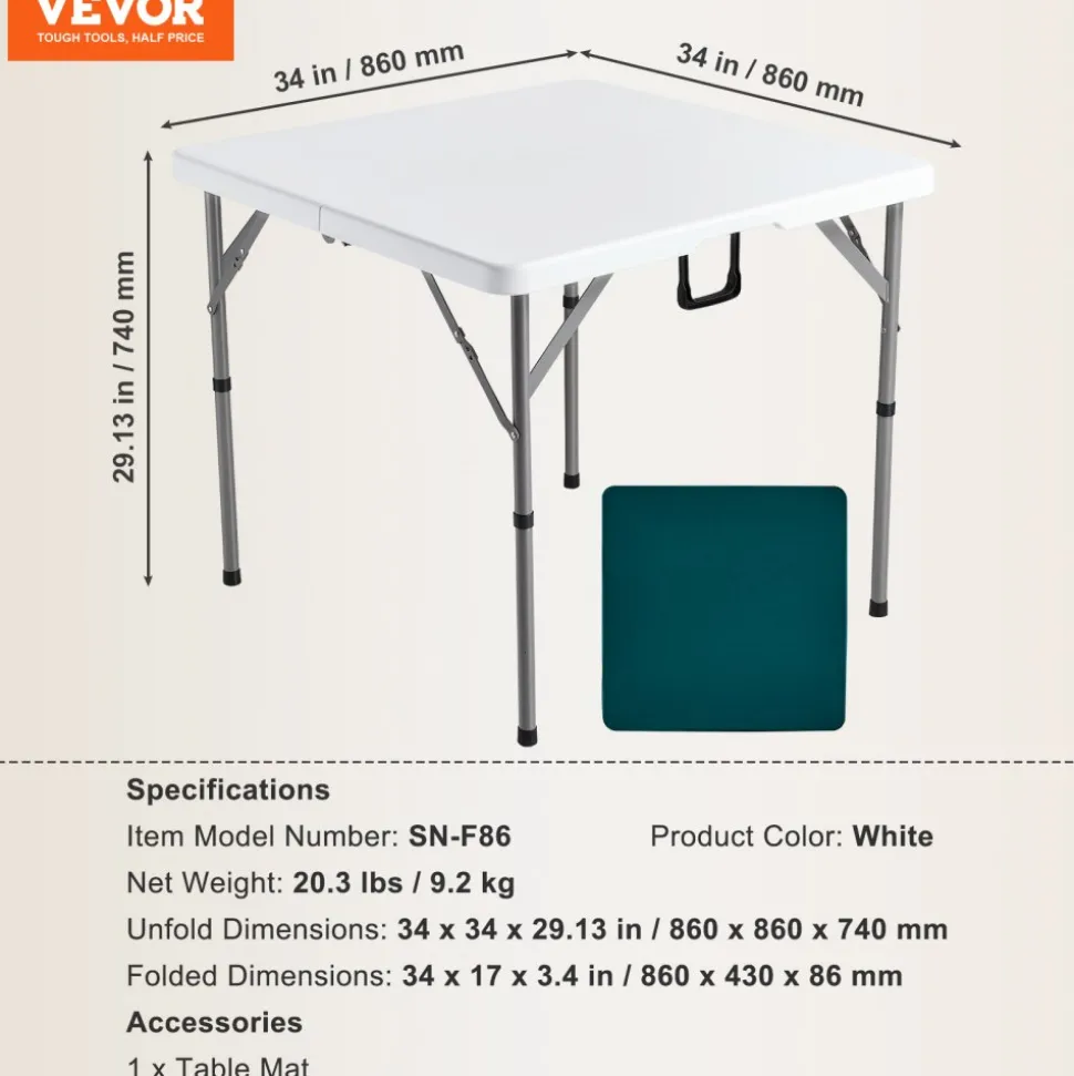 VEVOR Mahjong Table, Fold-in-Half 4 Player Card Table with Wear-Resistant Green Tabletop, Portable Bi-Folding Square Domino Table with Carrying Handle for Outdoor Camping Picnic Party, 34 x 34-inch