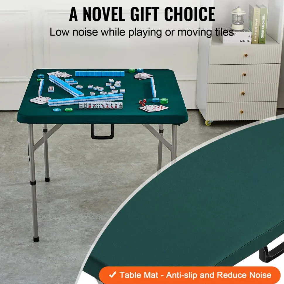 VEVOR Mahjong Table, Fold-in-Half 4 Player Card Table with Wear-Resistant Green Tabletop, Portable Bi-Folding Square Domino Table with Carrying Handle for Outdoor Camping Picnic Party, 34 x 34-inch