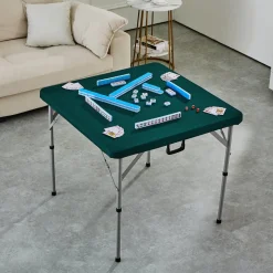 VEVOR Mahjong Table, Fold-in-Half 4 Player Card Table with Wear-Resistant Green Tabletop, Portable Bi-Folding Square Domino Table with Carrying Handle for Outdoor Camping Picnic Party, 34 x 34-inch