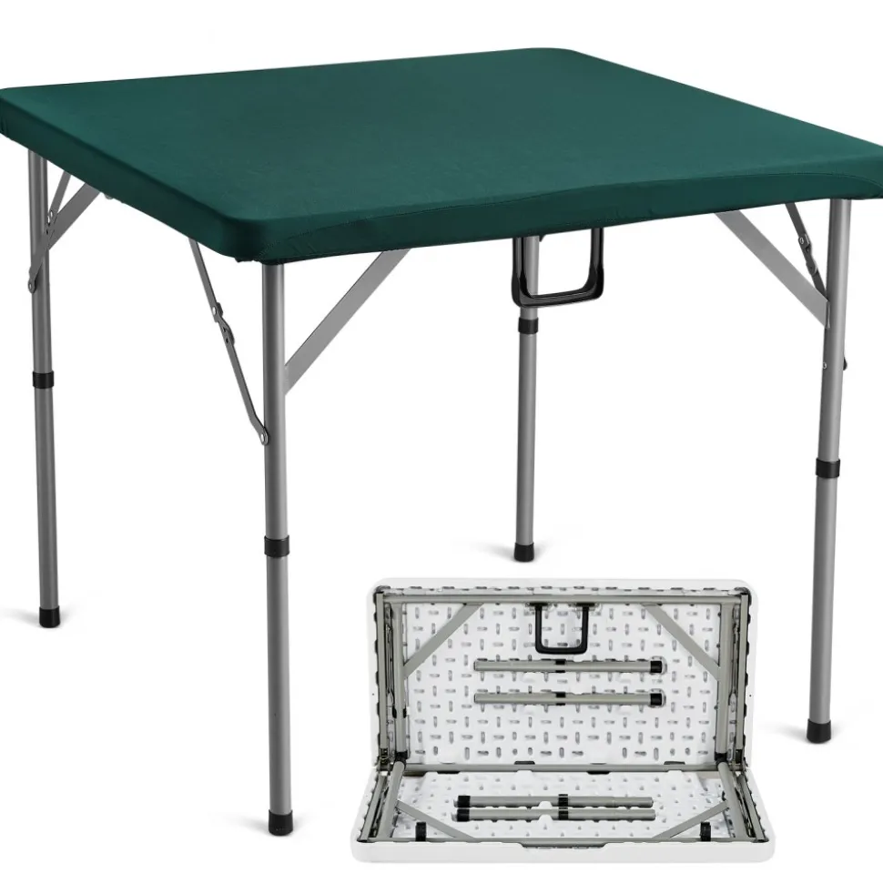 VEVOR Mahjong Table, Fold-in-Half 4 Player Card Table with Wear-Resistant Green Tabletop, Portable Bi-Folding Square Domino Table with Carrying Handle for Outdoor Camping Picnic Party, 34 x 34-inch