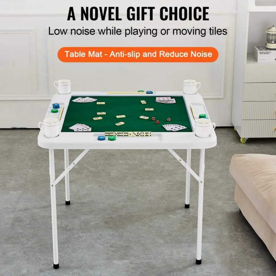VEVOR Mahjong Table, 4 Player Folding Domino Table with Wear-Resistant Green Tabletop, Portable Square Card Table with 4 Cup Holders & 4 Chip Trays for Mahjong Poker Puzzles, 35.4 x 35.4-inch