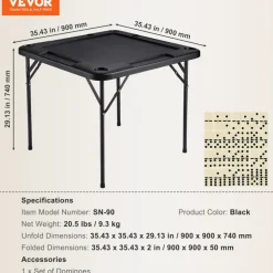 VEVOR Mahjong Table, Square 4 Player Folding Card Table with 4 Cup Holders & 4 Chip Trays, Portable Domino Game Table with 1 Set of Dominoes for Mahjong Poker Puzzles, 35.4 x 35.4-inch, White