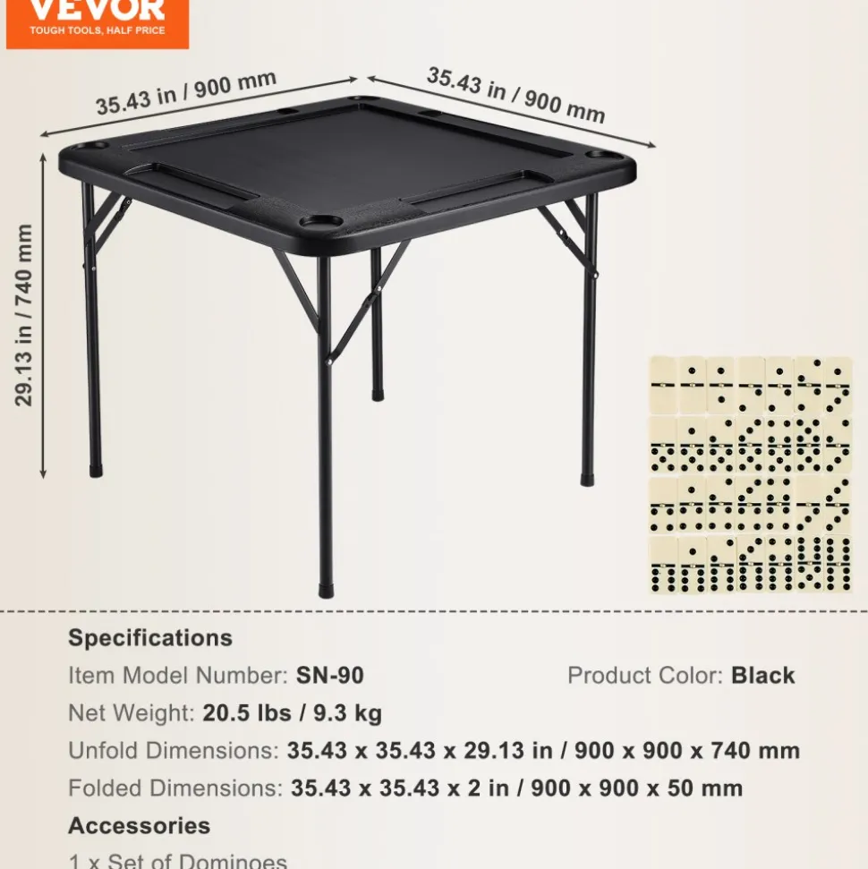 VEVOR Mahjong Table, Square 4 Player Folding Card Table with 4 Cup Holders & 4 Chip Trays, Portable Domino Game Table with 1 Set of Dominoes for Mahjong Poker Puzzles, 35.4 x 35.4-inch, White