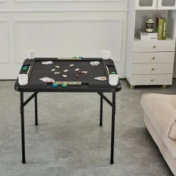 VEVOR Mahjong Table, Square 4 Player Folding Card Table with 4 Cup Holders & 4 Chip Trays, Portable Domino Game Table with 1 Set of Dominoes for Mahjong Poker Puzzles, 35.4 x 35.4-inch, White
