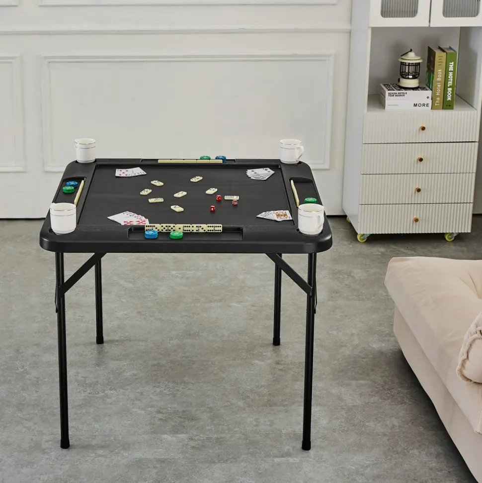 VEVOR Mahjong Table, Square 4 Player Folding Card Table with 4 Cup Holders & 4 Chip Trays, Portable Domino Game Table with 1 Set of Dominoes for Mahjong Poker Puzzles, 35.4 x 35.4-inch, White