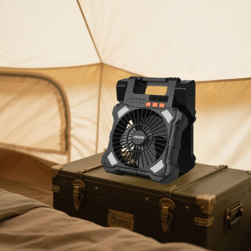 VEVOR 20000mAh Rechargeable Solar Fan with LED Lantern, 8 inch Portable Fan Cordless with 7W Foldable Solar Panel, 5-Speed& Timer& Quiet,USB Battery Powered for Camping Tent Worksite Office Desk