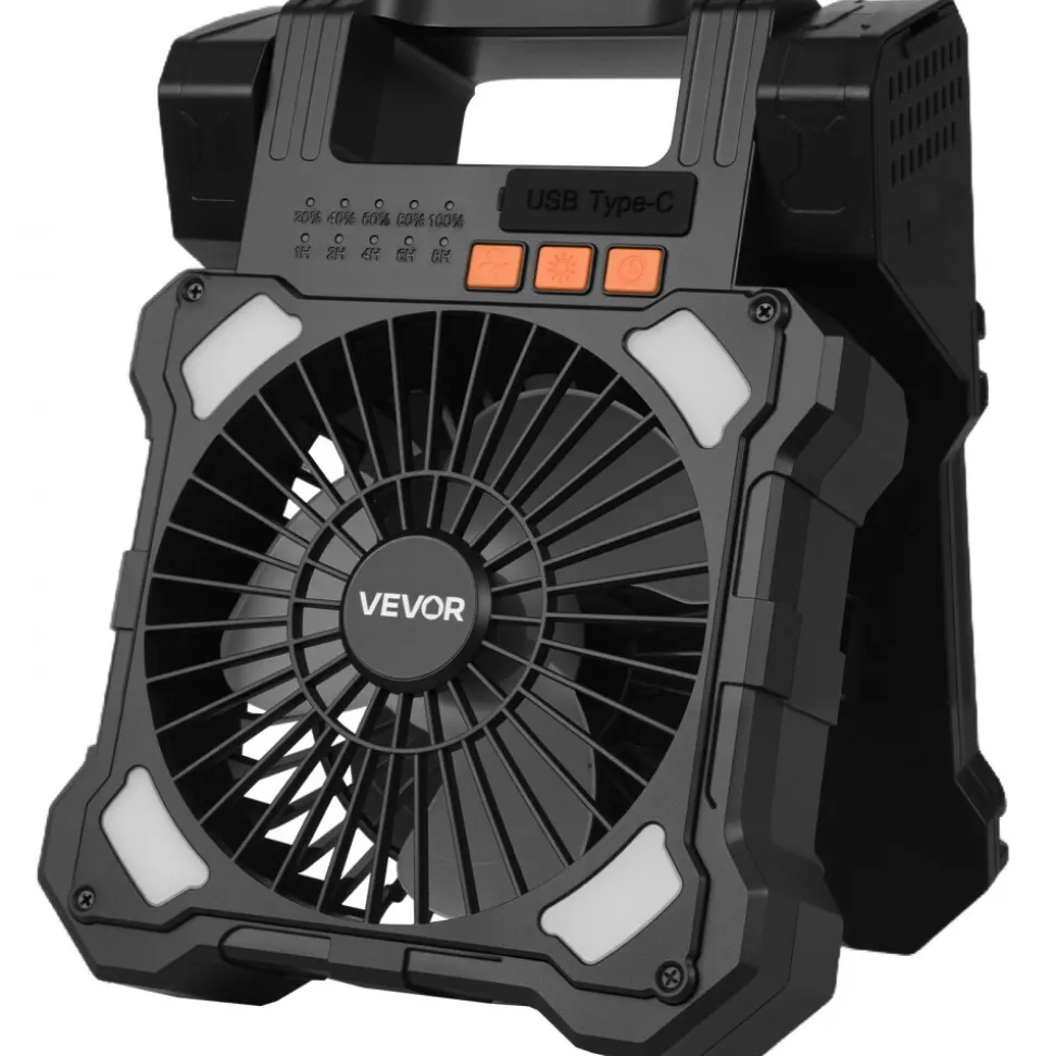 VEVOR 20000mAh Rechargeable Solar Fan with LED Lantern, 8 inch Portable Fan Cordless with 7W Foldable Solar Panel, 5-Speed& Timer& Quiet,USB Battery Powered for Camping Tent Worksite Office Desk
