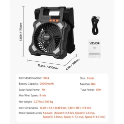 VEVOR 20000mAh Rechargeable Solar Fan with LED Lantern, 8 inch Portable Fan Cordless with 7W Foldable Solar Panel, 5-Speed& Timer& Quiet,USB Battery Powered for Camping Tent Worksite Office Desk
