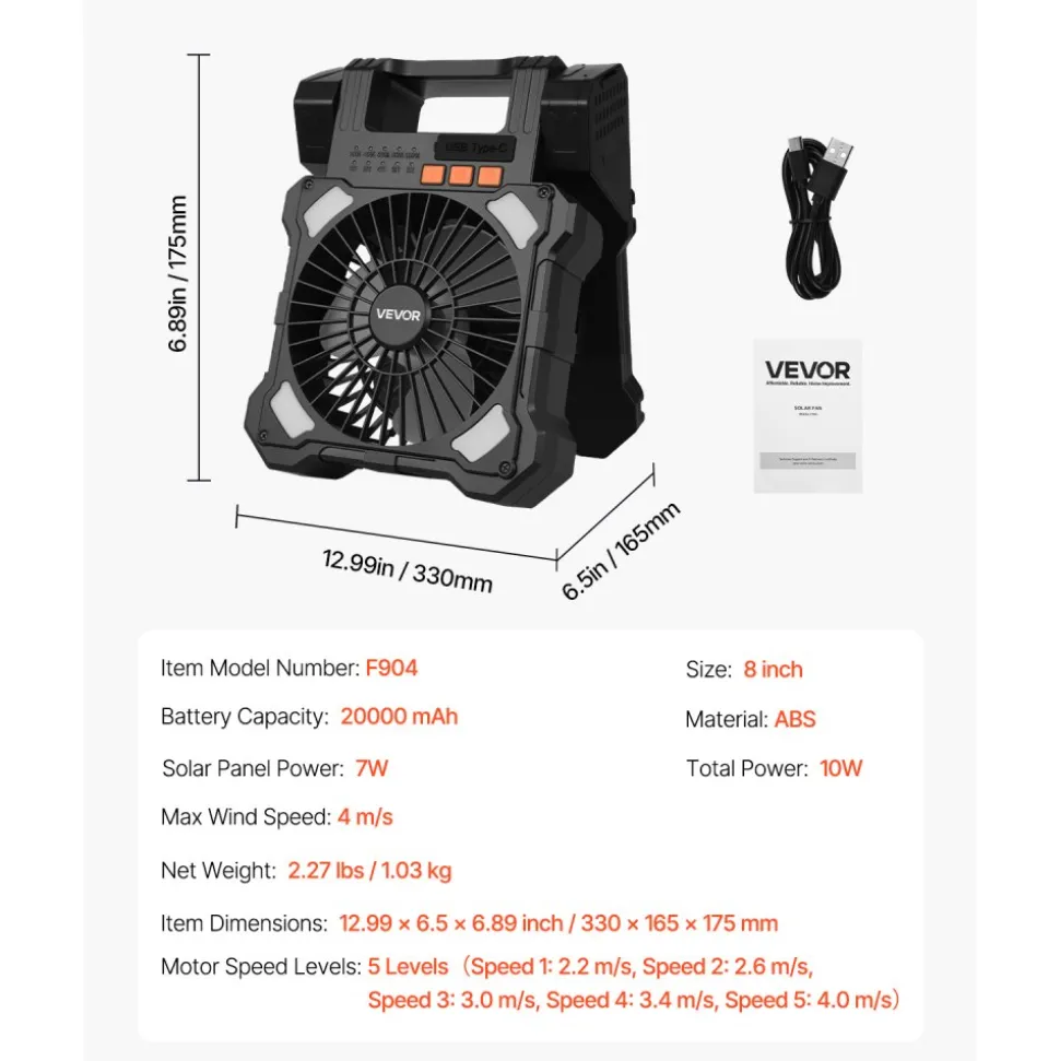 VEVOR 20000mAh Rechargeable Solar Fan with LED Lantern, 8 inch Portable Fan Cordless with 7W Foldable Solar Panel, 5-Speed& Timer& Quiet,USB Battery Powered for Camping Tent Worksite Office Desk