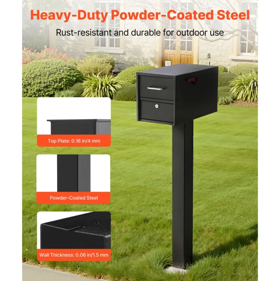 VEVOR Mailbox Post, 43 x 4 x 4 Inches, Steel In-Ground Mounting Mail Box Stand with Powder Coating Surface, Heavy Duty Metal Post Sleeve Kit for Outside Curbside Residential Use, Easy Install, Black