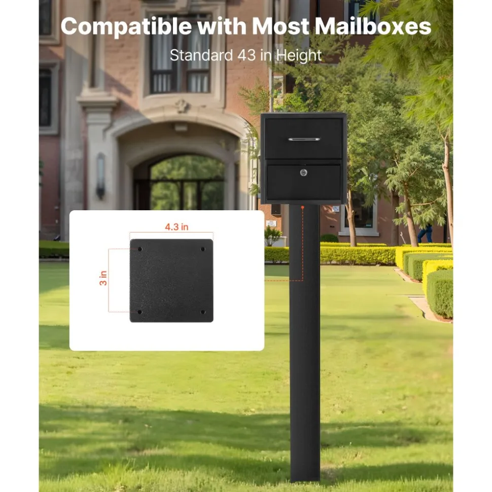 VEVOR Mailbox Post, 43 x 4 x 4 Inches, Steel In-Ground Mounting Mail Box Stand with Powder Coating Surface, Heavy Duty Metal Post Sleeve Kit for Outside Curbside Residential Use, Easy Install, Black