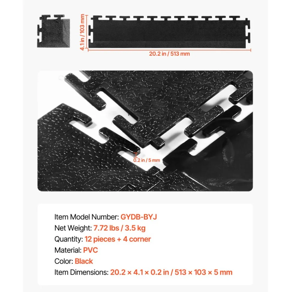 VEVOR Male Garage Floors Transition Edge Kit, 12 Edges and 4 Corners, Sturdy PVC Interlocking Modular Garage Floor Edging Slip-resistant, Compatible Only with VEVOR 4-Sided Interlocking Mats, Black