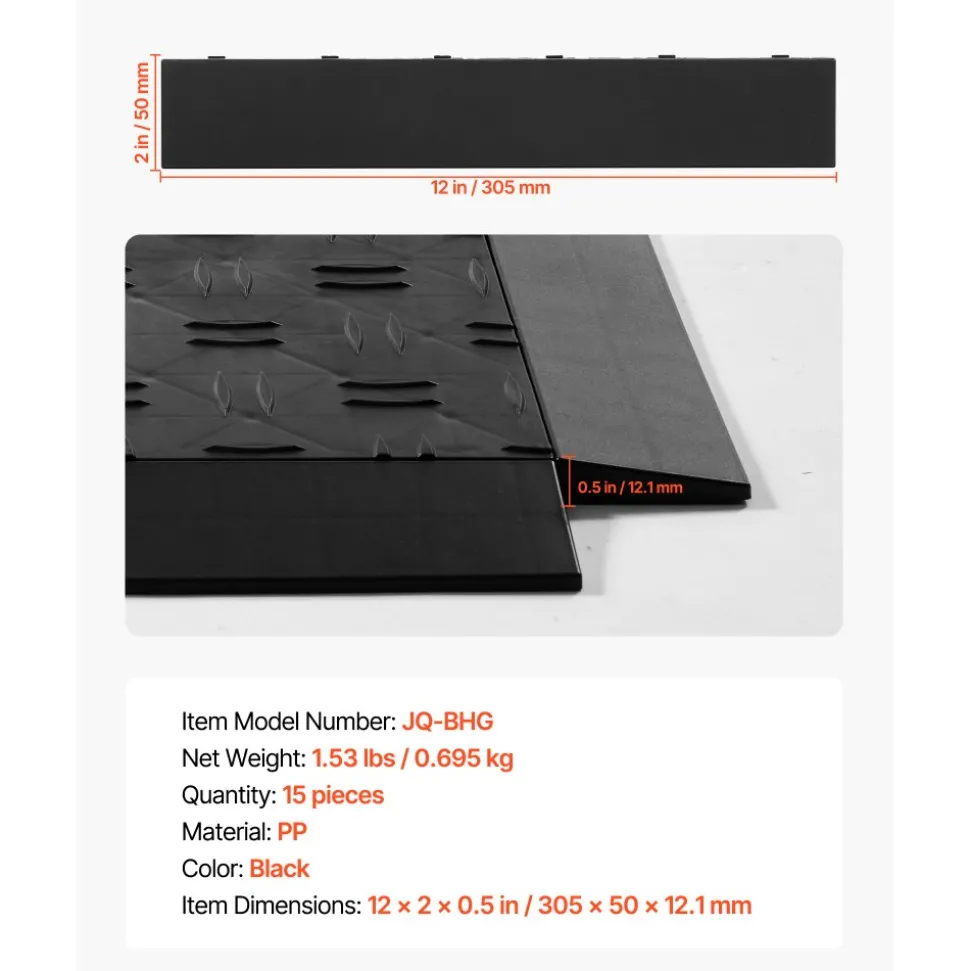 VEVOR Male Garage Floors Transition Edge Kit, 15 PCS Sturdy PP Interlocking Modular Garage Floor Edging Slip-resistant, Easy Assembly Compatible Only With VEVOR Upgraded 6-Lock Garage Mats, Black