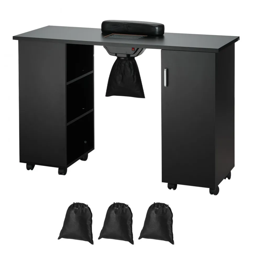 VEVOR Manicure Table, Nail Table Station with Electric Dust Collector, Moveable Nail Tech Desk with 8 Wheels (4 Lockable), 3 Dust Bag & Wrist Rest, MDF Nail Art Workstation for Spa Beauty Salon, Black