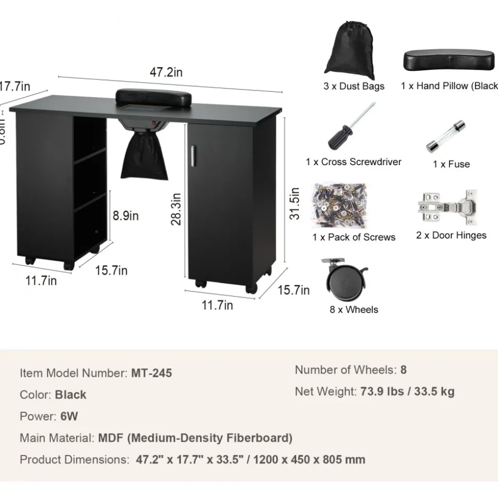 VEVOR Manicure Table, Nail Table Station with Electric Dust Collector, Moveable Nail Tech Desk with 8 Wheels (4 Lockable), 3 Dust Bag & Wrist Rest, MDF Nail Art Workstation for Spa Beauty Salon, Black
