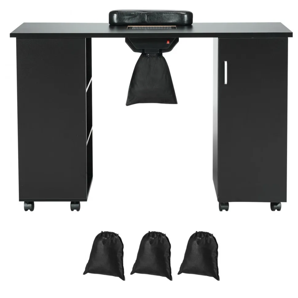 VEVOR Manicure Table, Nail Table Station with Electric Dust Collector, Moveable Nail Tech Desk with 8 Wheels (4 Lockable), 3 Dust Bag & Wrist Rest, MDF Nail Art Workstation for Spa Beauty Salon, Black