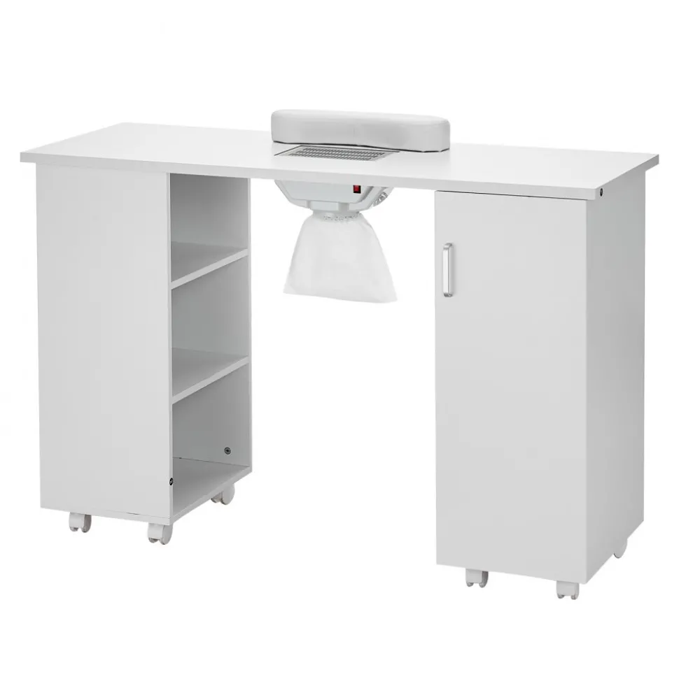 VEVOR Manicure Table, Nail Table Station with Electric Dust Collector, Moveable Nail Tech Desk with 8 Wheels (4 Lockable), 3 Dust Bag & Wrist Rest, MDF Nail Art Workstation for Spa Beauty Salon, White