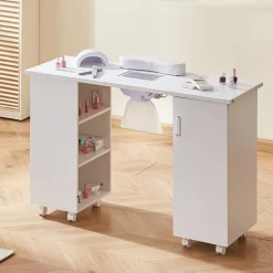 VEVOR Manicure Table, Nail Table Station with Electric Dust Collector, Moveable Nail Tech Desk with 8 Wheels (4 Lockable), 3 Dust Bag & Wrist Rest, MDF Nail Art Workstation for Spa Beauty Salon, White