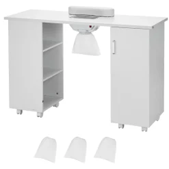 VEVOR Manicure Table, Nail Table Station with Electric Dust Collector, Moveable Nail Tech Desk with 8 Wheels (4 Lockable), 3 Dust Bag & Wrist Rest, MDF Nail Art Workstation for Spa Beauty Salon, White