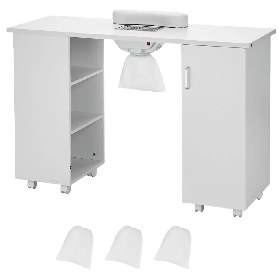 VEVOR Manicure Table, Nail Table Station with Electric Dust Collector, Moveable Nail Tech Desk with 8 Wheels (4 Lockable), 3 Dust Bag & Wrist Rest, MDF Nail Art Workstation for Spa Beauty Salon, White