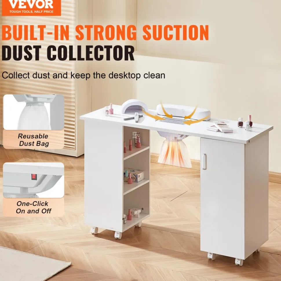 VEVOR Manicure Table, Nail Table Station with Electric Dust Collector, Moveable Nail Tech Desk with 8 Wheels (4 Lockable), 3 Dust Bag & Wrist Rest, MDF Nail Art Workstation for Spa Beauty Salon, White