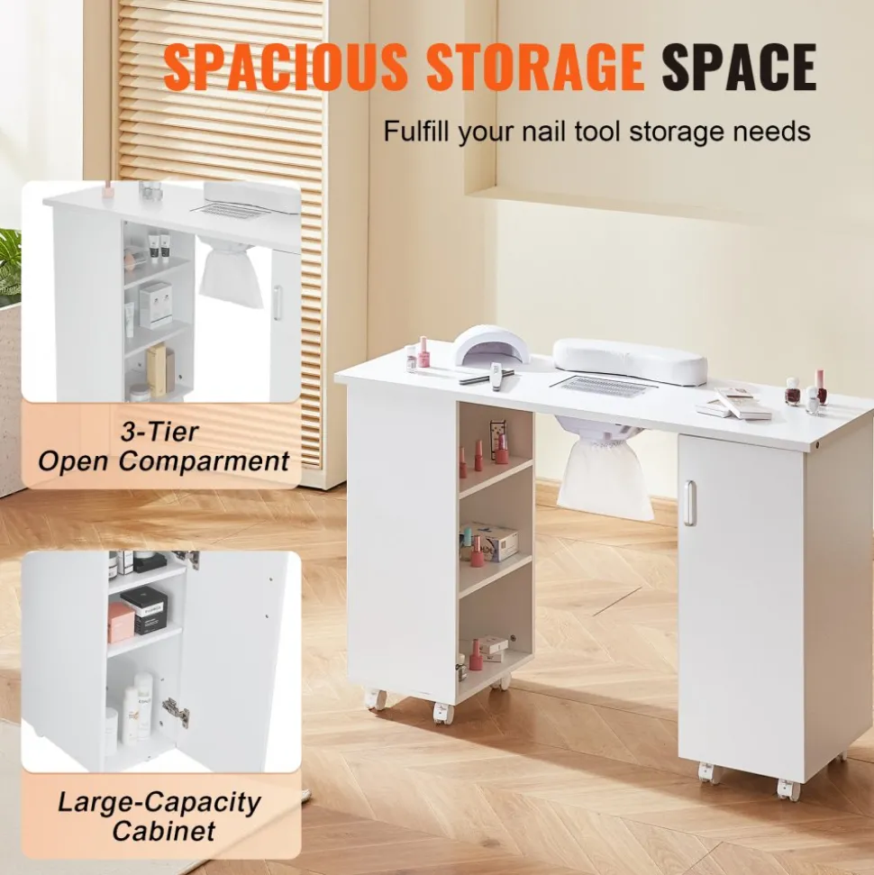 VEVOR Manicure Table, Nail Table Station with Electric Dust Collector, Moveable Nail Tech Desk with 8 Wheels (4 Lockable), 3 Dust Bag & Wrist Rest, MDF Nail Art Workstation for Spa Beauty Salon, White