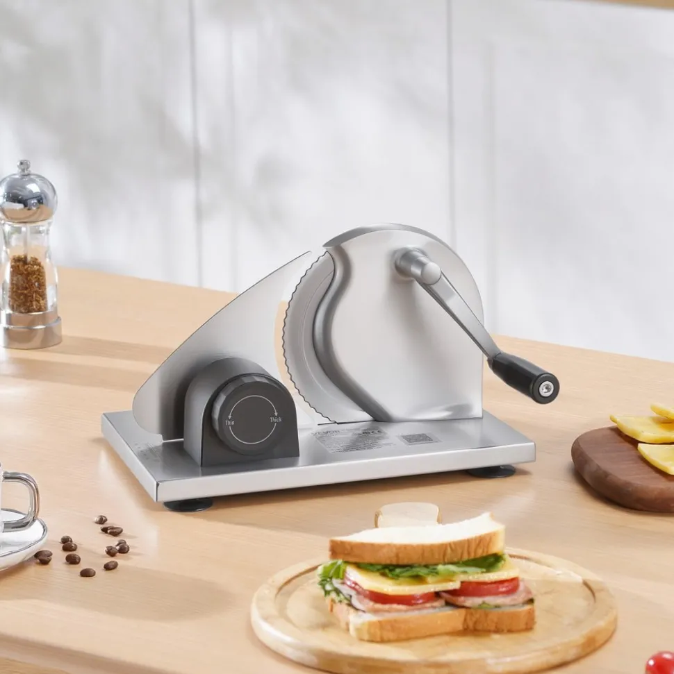 VEVOR Manual Bread Slicer, 0-0.6" Adjustable Thickness Cheese Cutter, Hand Cranked Slicer for Homemade Bread - with Serrated Stainless Steel Blade for Kitchen, Restaurant, Bakery, Party