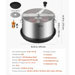 VEVOR Manual Bud Leaf Trimmer, 16 in Reaper Bowl Bud Trimmer with Stainless Steel Blades, Visual Cutting, Wet & Dry Hydroponic Cutting Machine with Tray, Twisted Spin Cut for Plant Buds Flowers