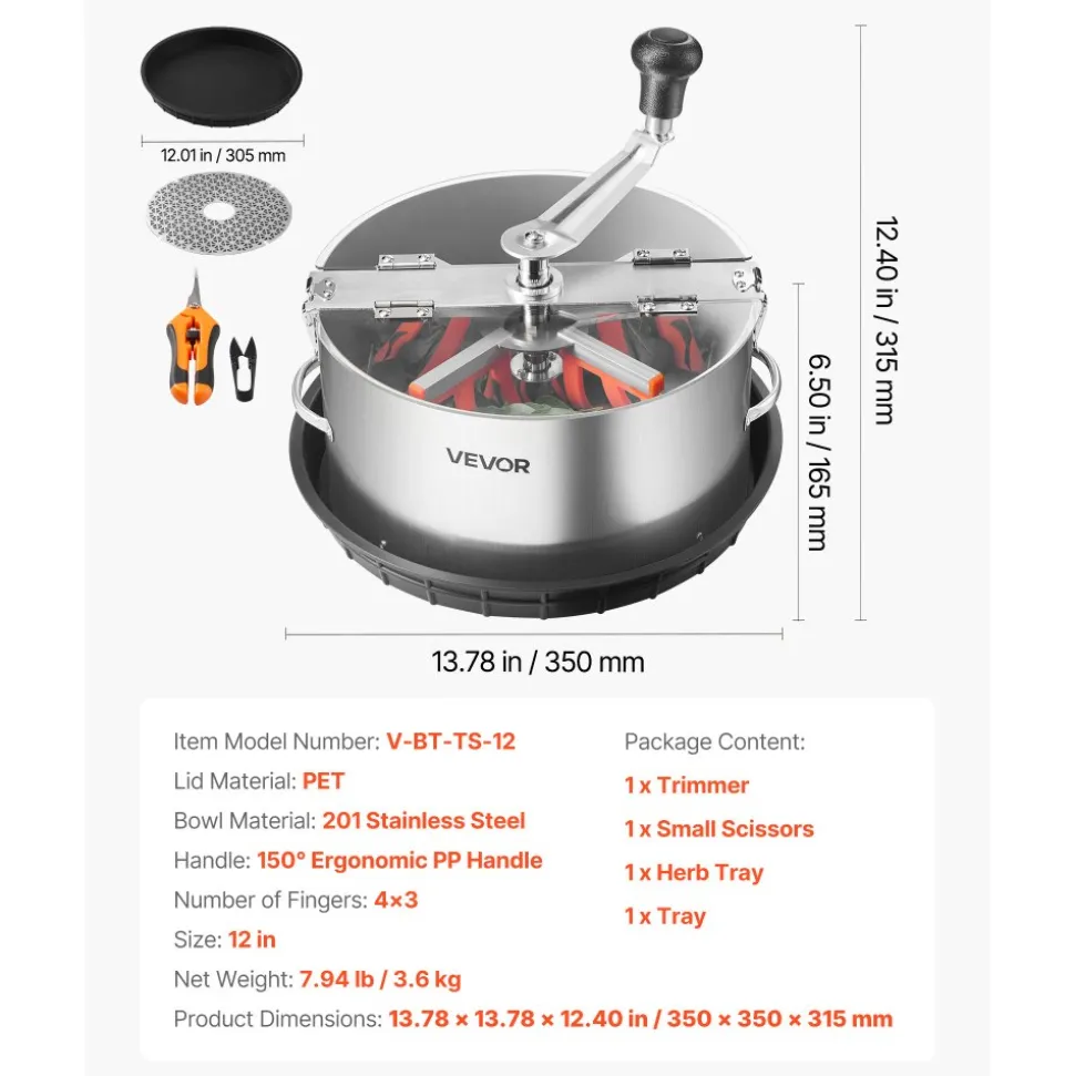VEVOR Manual Bud Leaf Trimmer, 12 in Reaper Bowl Bud Trimmer with Stainless Steel Blades, Visual Cutting , Wet & Dry Hydroponic Cutting Machine with Tray, Twisted Spin Cut for Plant Buds Flowers