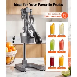 VEVOR Manual Citrus Juicer, 19" Tall Hand Press Orange Juicer, Manual Fresh Juice Extractor for Lemon Pomegranate Grapefruit, Heavy-Duty Cast Iron, Easy to Clean, Home & Commercial Use, Silver Gray