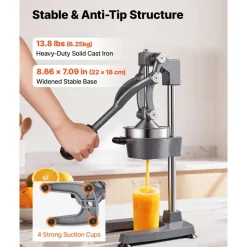 VEVOR Manual Citrus Juicer, 19" Tall Hand Press Orange Juicer, Manual Fresh Juice Extractor for Lemon Pomegranate Grapefruit, Heavy-Duty Cast Iron, Easy to Clean, Home & Commercial Use, Silver Gray