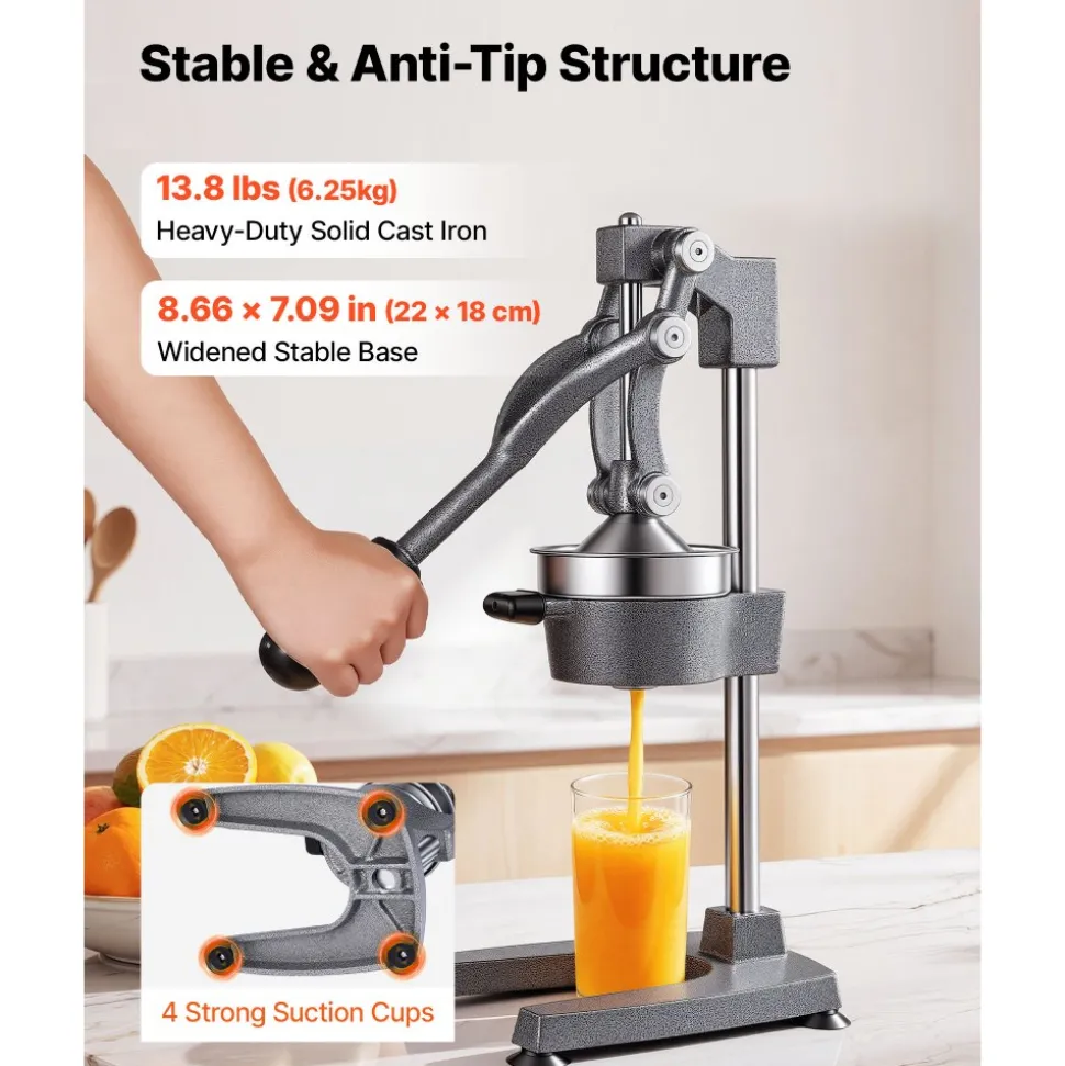 VEVOR Manual Citrus Juicer, 19" Tall Hand Press Orange Juicer, Manual Fresh Juice Extractor for Lemon Pomegranate Grapefruit, Heavy-Duty Cast Iron, Easy to Clean, Home & Commercial Use, Silver Gray