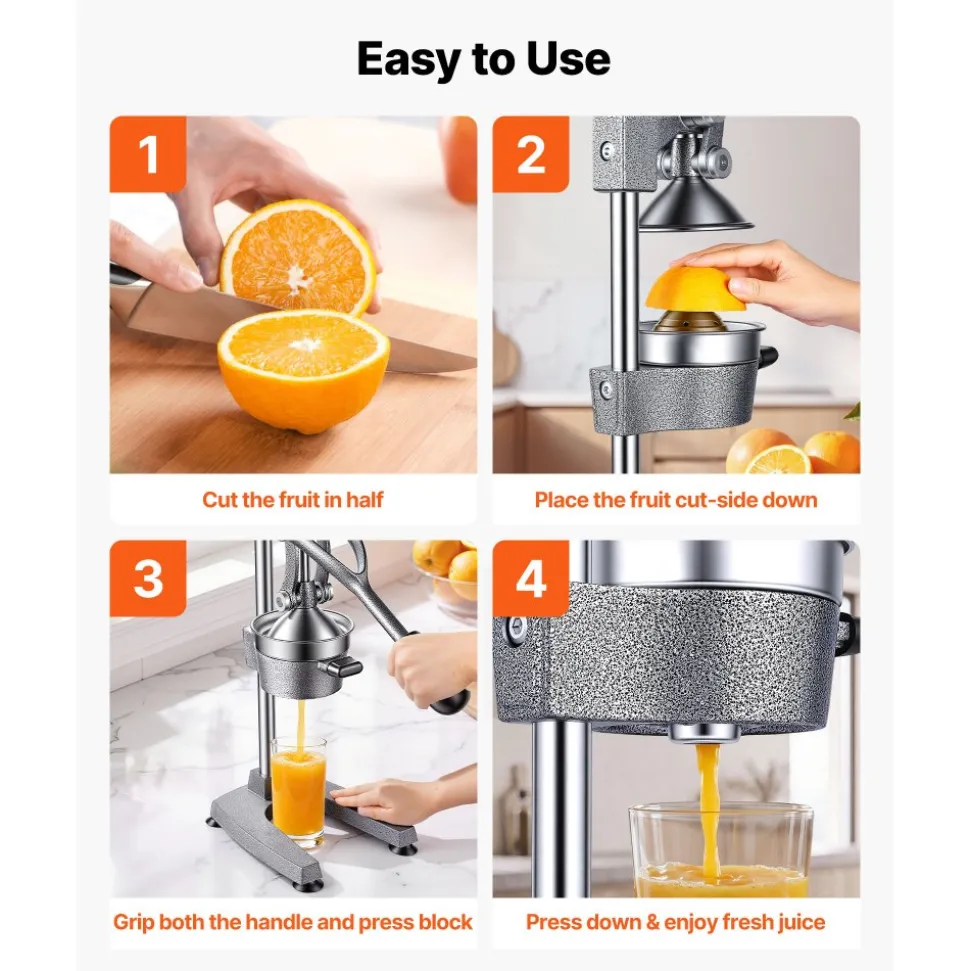 VEVOR Manual Citrus Juicer, 19" Tall Hand Press Orange Juicer, Manual Fresh Juice Extractor for Lemon Pomegranate Grapefruit, Heavy-Duty Cast Iron, Easy to Clean, Home & Commercial Use, Silver Gray