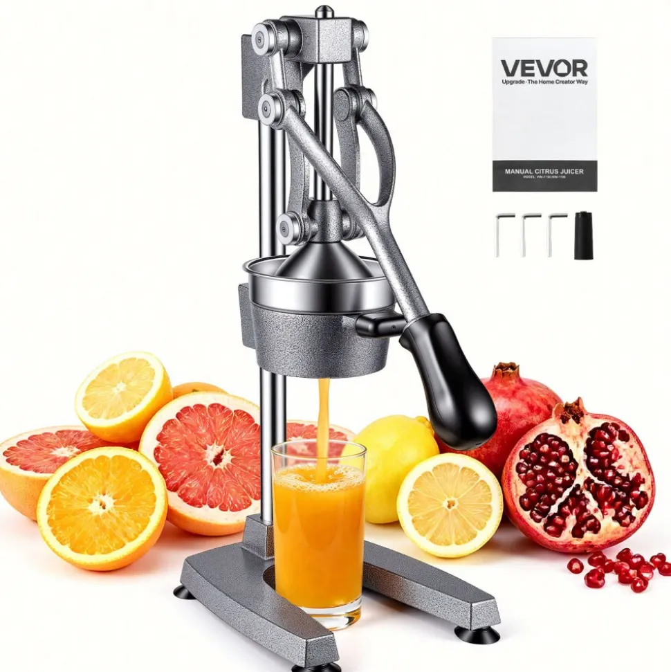 VEVOR Manual Citrus Juicer, 19" Tall Hand Press Orange Juicer, Manual Fresh Juice Extractor for Lemon Pomegranate Grapefruit, Heavy-Duty Cast Iron, Easy to Clean, Home & Commercial Use, Silver Gray