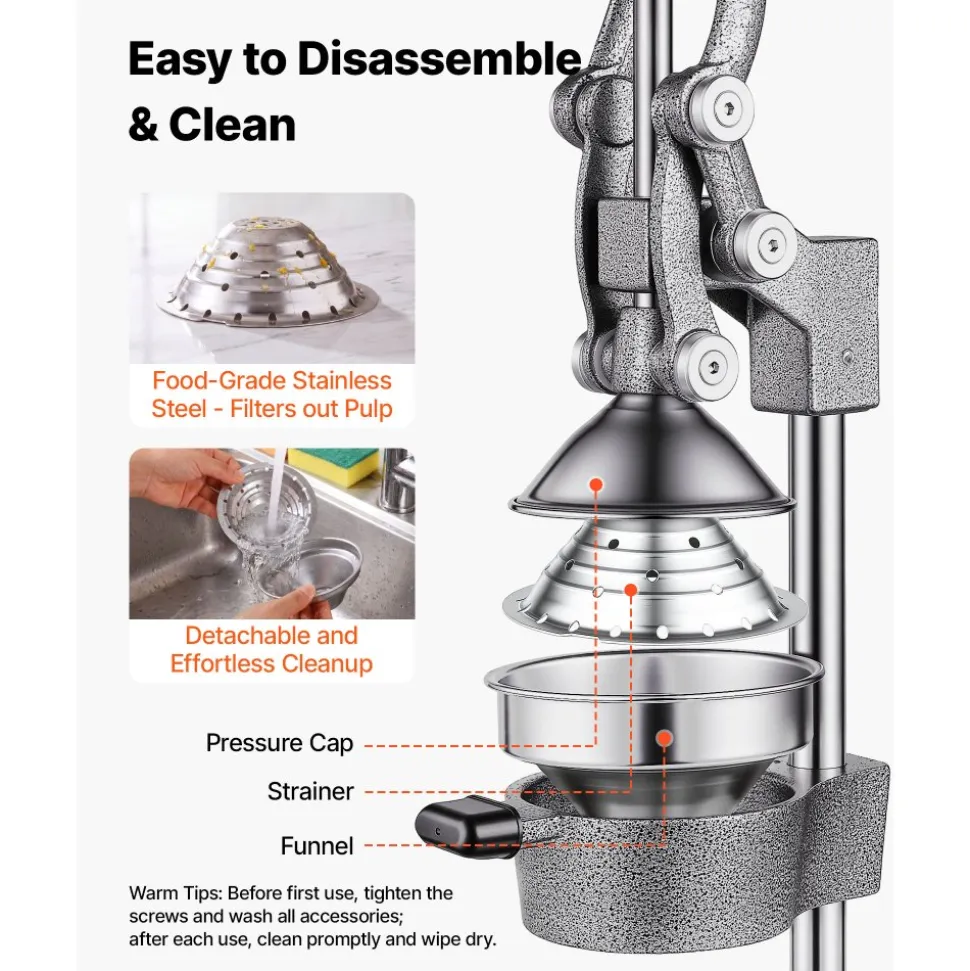 VEVOR Manual Citrus Juicer, 19" Tall Hand Press Orange Juicer, Manual Fresh Juice Extractor for Lemon Pomegranate Grapefruit, Heavy-Duty Cast Iron, Easy to Clean, Home & Commercial Use, Silver Gray