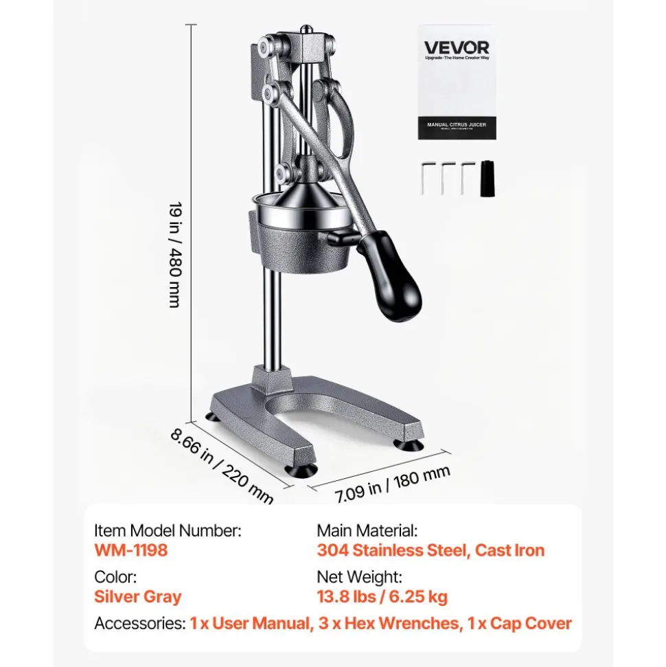 VEVOR Manual Citrus Juicer, 19" Tall Hand Press Orange Juicer, Manual Fresh Juice Extractor for Lemon Pomegranate Grapefruit, Heavy-Duty Cast Iron, Easy to Clean, Home & Commercial Use, Silver Gray