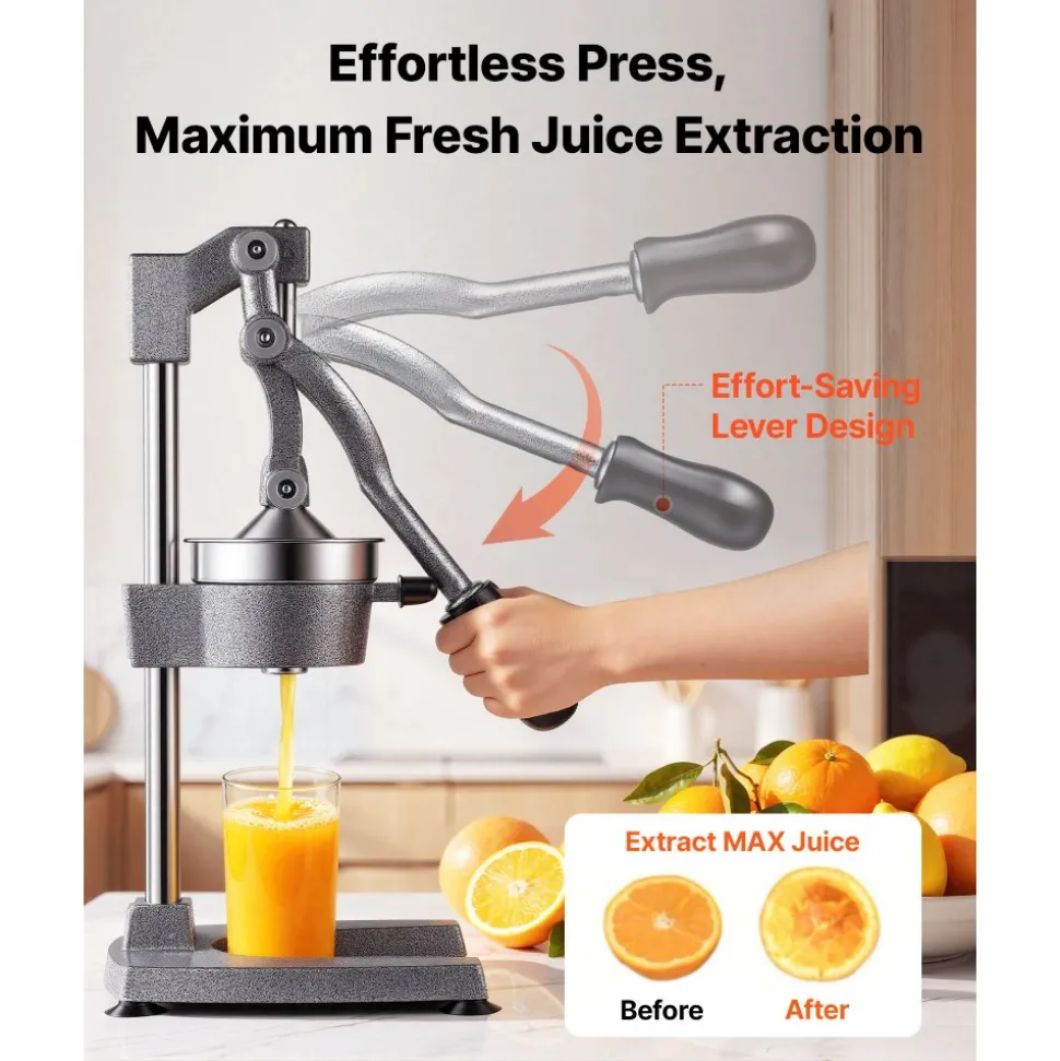 VEVOR Manual Citrus Juicer, 19" Tall Hand Press Orange Juicer, Manual Fresh Juice Extractor for Lemon Pomegranate Grapefruit, Heavy-Duty Cast Iron, Easy to Clean, Home & Commercial Use, Silver Gray