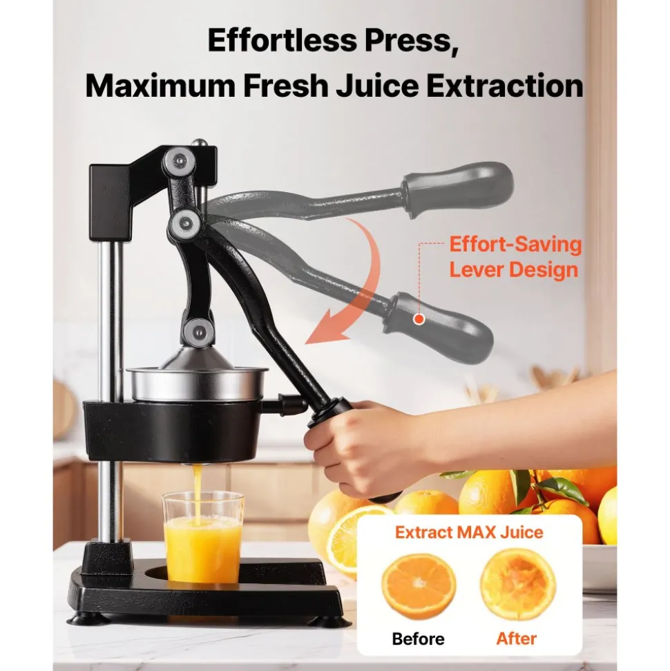 VEVOR Manual Citrus Juicer, 15" Tall Hand Press Oranges Juicer, Manual Fresh Juice Extractor for Lemon Pomegranate Grapefruit, Heavy-Duty Cast Iron, Easy to Clean, Home & Commercial Use, Black