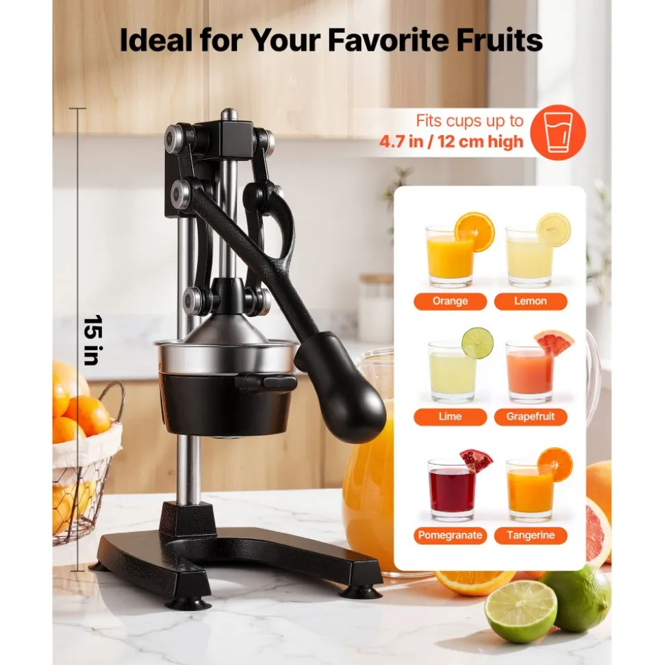 VEVOR Manual Citrus Juicer, 15" Tall Hand Press Oranges Juicer, Manual Fresh Juice Extractor for Lemon Pomegranate Grapefruit, Heavy-Duty Cast Iron, Easy to Clean, Home & Commercial Use, Black
