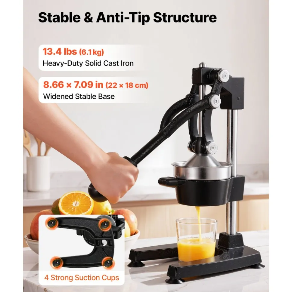 VEVOR Manual Citrus Juicer, 15" Tall Hand Press Oranges Juicer, Manual Fresh Juice Extractor for Lemon Pomegranate Grapefruit, Heavy-Duty Cast Iron, Easy to Clean, Home & Commercial Use, Black