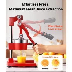 VEVOR Manual Citrus Juicer, 15" Tall Hand Press Orange Juicer, Manual Fresh Juice Extractor for Lemon Pomegranate Grapefruit, Heavy-Duty Cast Iron, Easy to Clean, Home & Commercial Use, Red
