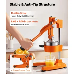 VEVOR Manual Citrus Juicer, 15" Tall Hand Press Orange Juicer, Manual Fresh Juice Extractor for Lemon Pomegranate Grapefruit, Heavy-Duty Cast Iron, Easy to Clean, Home & Commercial Use, Orange