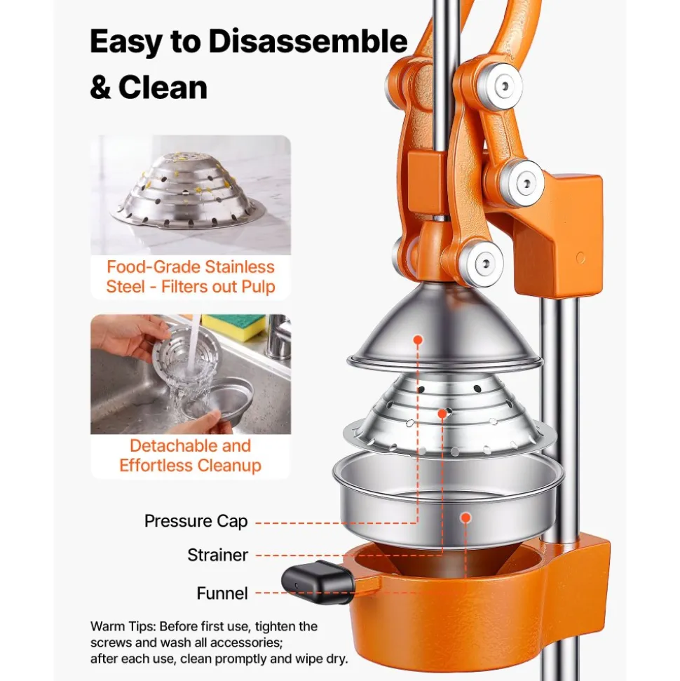 VEVOR Manual Citrus Juicer, 15" Tall Hand Press Orange Juicer, Manual Fresh Juice Extractor for Lemon Pomegranate Grapefruit, Heavy-Duty Cast Iron, Easy to Clean, Home & Commercial Use, Orange