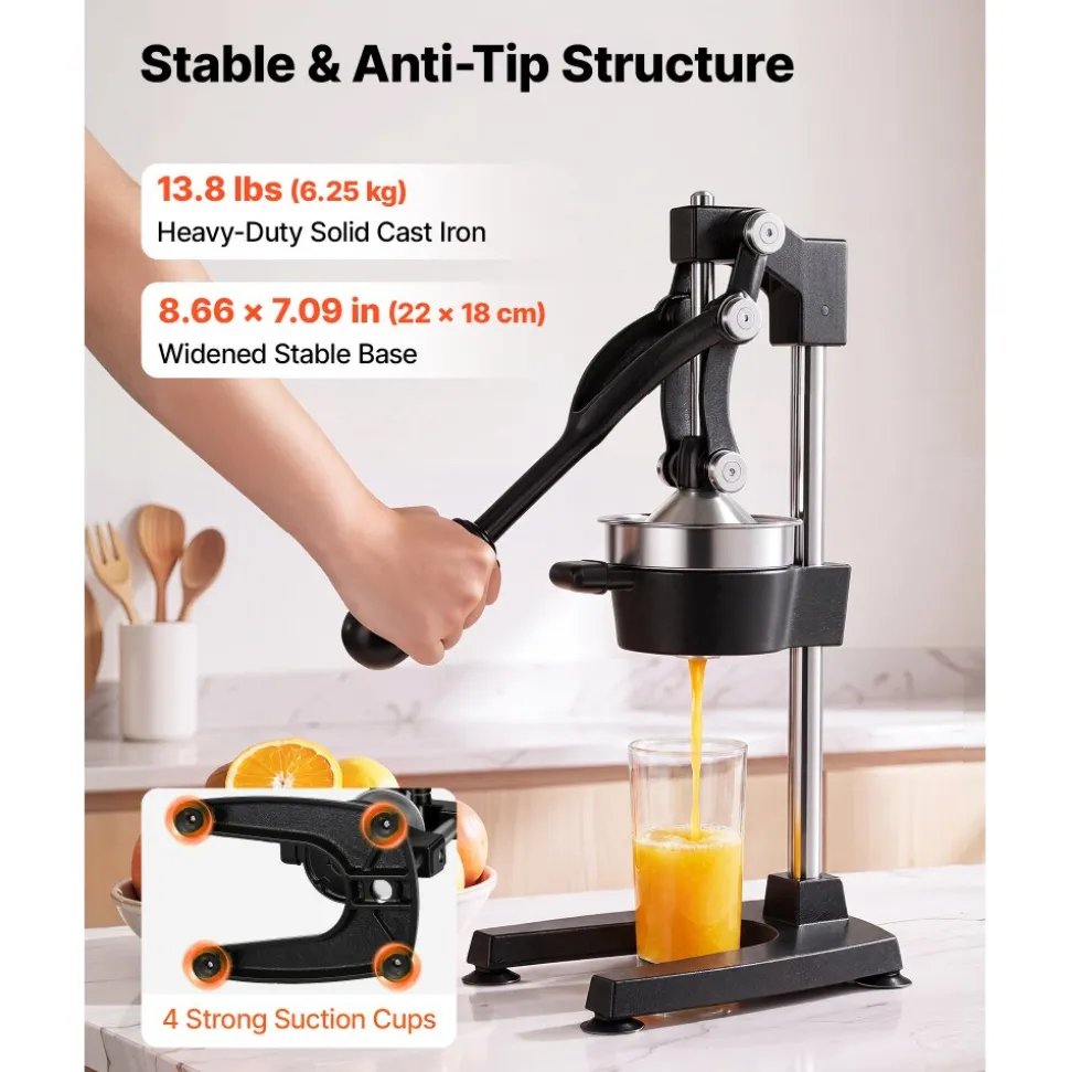 VEVOR Manual Citrus Juicer, 19" Tall Hand Press Oranges Juicer, Manual Fresh Juice Extractor for Lemon Pomegranate Grapefruit, Heavy-Duty Cast Iron, Easy to Clean, Home & Commercial Use, Black