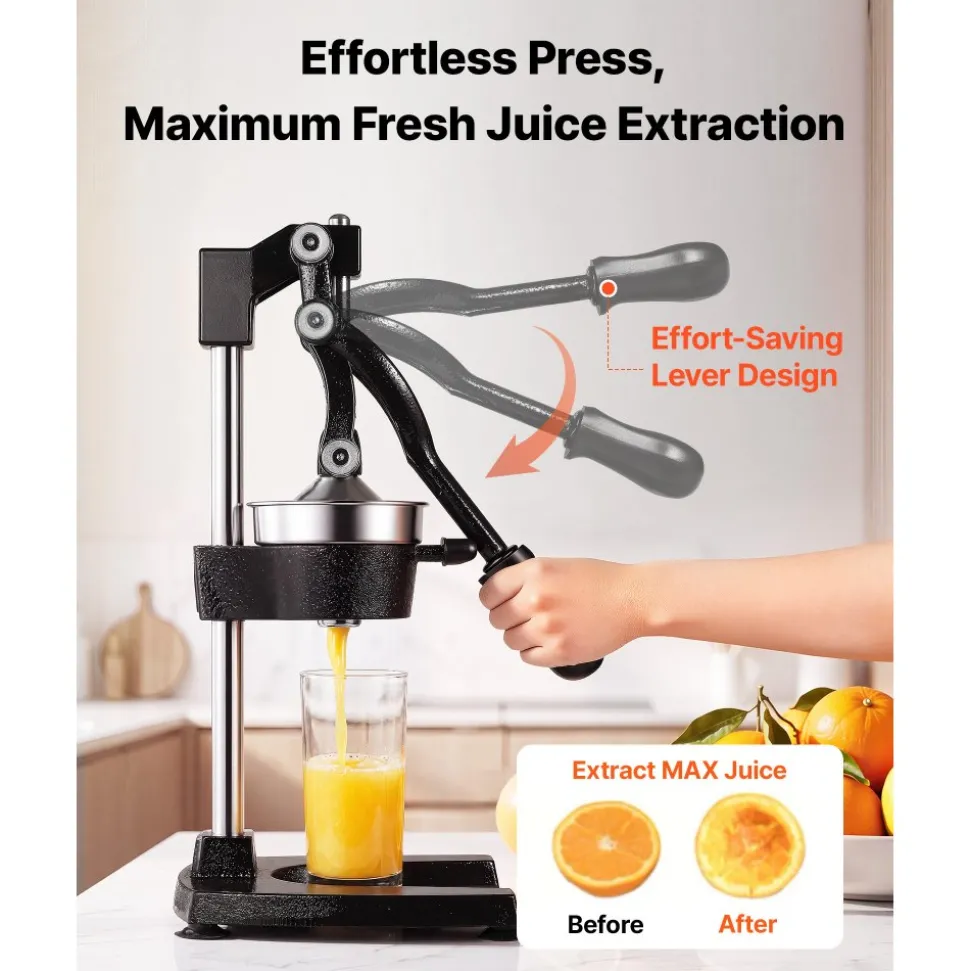 VEVOR Manual Citrus Juicer, 19" Tall Hand Press Oranges Juicer, Manual Fresh Juice Extractor for Lemon Pomegranate Grapefruit, Heavy-Duty Cast Iron, Easy to Clean, Home & Commercial Use, Black